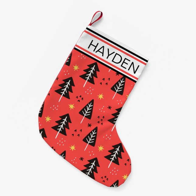 Moderner Weihnachtsbaum Rotes Orange Personalisier Kleiner Weihnachtsstrumpf (Vorderansicht (hängend))