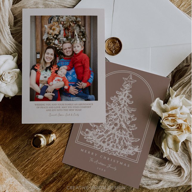 Moderner Weihnachtsbaumskizzenbogen mit Foto Feiertagskarte (Von Creator hochgeladen)