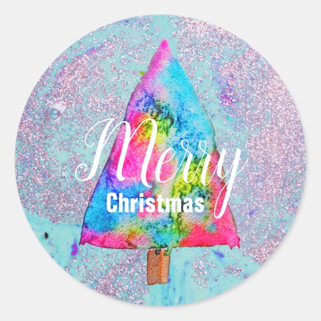 Moderner Weihnachtsbunter in Blau und Rosa Glitzer Runder Aufkleber (Vorderseite)