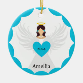 Moderner Weihnachtsgel Blaues Herz - Jahrname Keramik Ornament