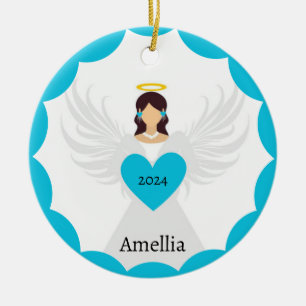 Moderner Weihnachtsgel Blaues Herz - Jahrname Keramik Ornament