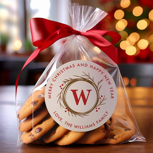 Moderner Weihnachtskranz Mit Monogramm Runder Aufkleber (Von Creator hochgeladen)