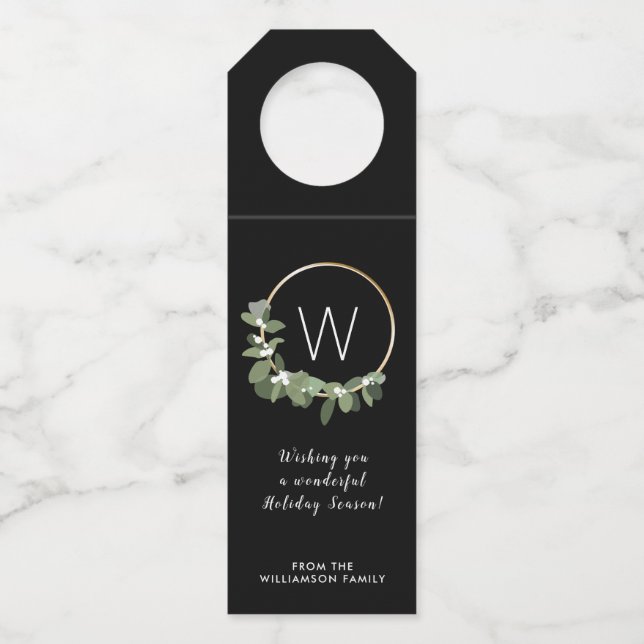 Moderner Weihnachtskranz | Monogramm | Familiennam Flaschenanhänger (Vorderseite)