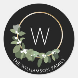 Moderner Weihnachtskranz | Monogramm | Familiennam Runder Aufkleber