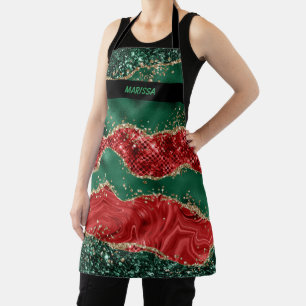 Moderner Weihnachtsname Grün/Rot Glitzer Schürze