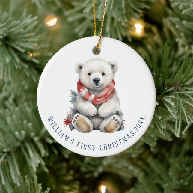 Moderner Weihnachtspolarbär mit Red Scarf Runde Keramik Ornament (Baum)