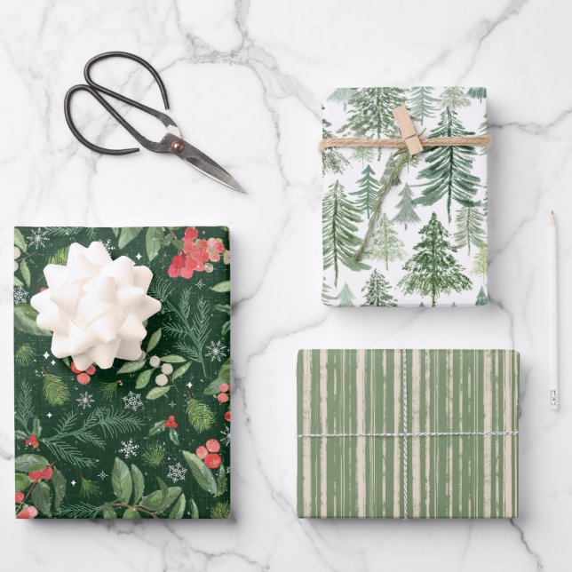 Moderner Weihnachtswald und rustikale Streifen Geschenkpapier Set (Vorderseite)
