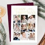 Moderner Weihnachtswein 9 Fotocollage Folien Feiertagskarte<br><div class="desc">Moderne Weihnachtskarte mit "Frohe Weihnachten",  die oben im Design in trendiger Goldfolie mit weißem Hintergrund dargestellt ist. Eine Foto-Collage von 9 Fotos wird unten in einem Rasterlayout angezeigt. Personalisieren Sie die Multi-Foto Weihnachtskarte mit Ihrem Familiennamen. Die Folienkarte kehrt um,  um einen Weinhintergrund mit subtilen weißen Punkten (Schnee) anzuzeigen.</div>