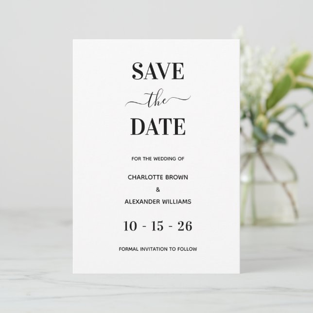 Moderner Weiß- und Schwarz-Minimal Save the Date (Stehend Vorderseite)