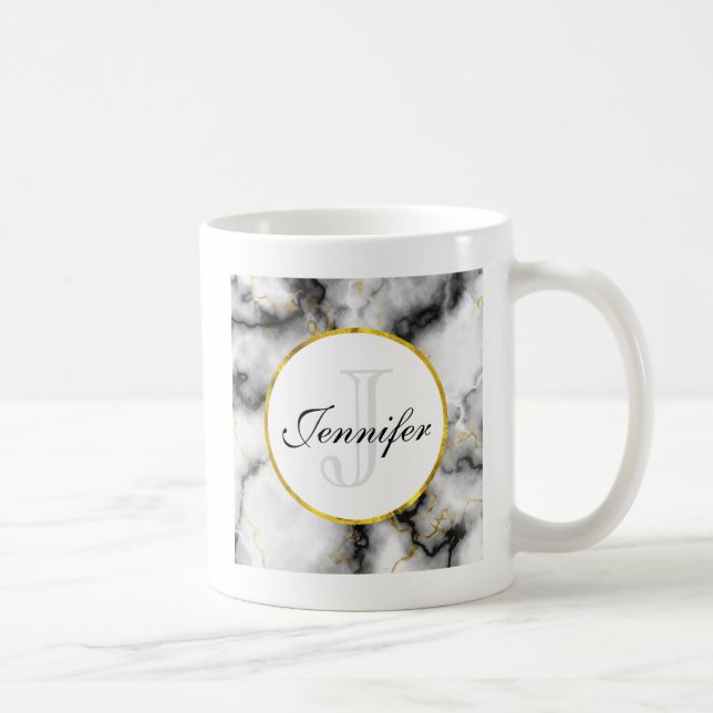 Moderner weißer grauer Marmor mit Goldband-Monogra Kaffeetasse (Rechts)