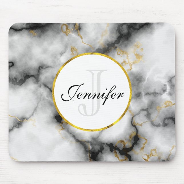 Moderner weißer grauer Marmor mit Goldband-Monogra Mousepad (Vorne)