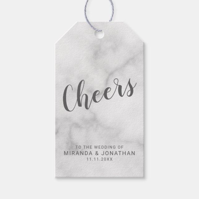 Moderner Weißer Marmorwein Hochzeitwein "Cheers" Geschenkanhänger (Vorderseite)