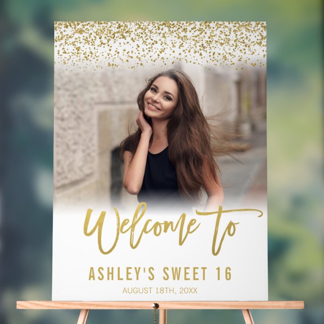 Moderner White Gold Glitzer Sweet 16 Foto Willkomm Acrylschild (Neutral)