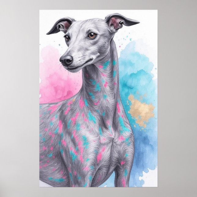 Moderner Windhund in Abstrakter Wasserfarbe Poster (Vorne)