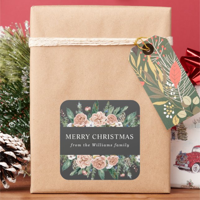 Moderner Winter floral frohe Weihnachten Quadratischer Aufkleber (Feiertag)