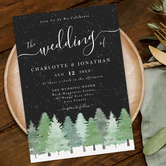 Moderner Winterwald Schwarz & Weiß Hochzeit Einladung (Elegant modern watercolor Woodland Rustic Winter forest black and white wedding invitation)