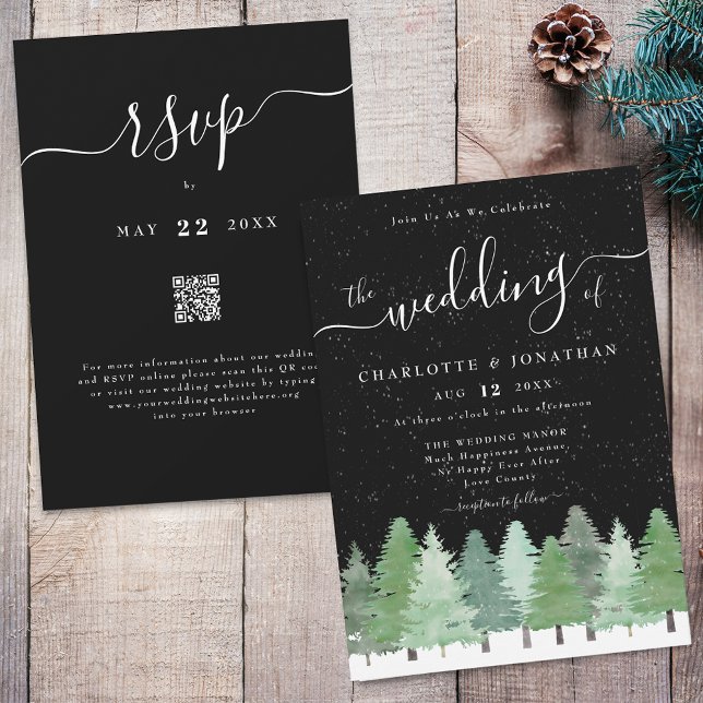 Moderner Winterwaldschwarz & Weiß Hochzeitsstichta Einladung (Winter Woodland forest black and white wedding qr code invitation Watercolor evergreen pine trees )