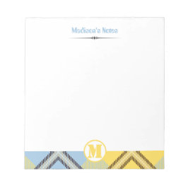 Moderner Yellow Blue Tartan Monogram Script Name Notizblock