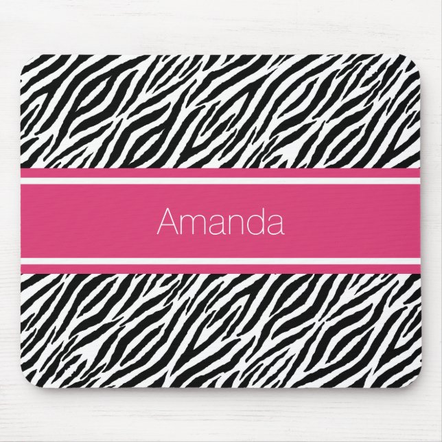 Moderner Zebra-Druck mit rosa Streifen und Namen Mousepad (Vorne)