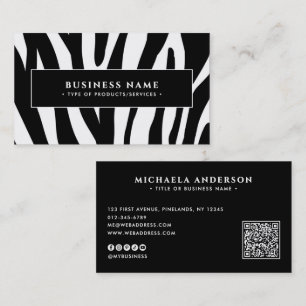 Moderner Zebra Print Black & White QR Code & Socia Visitenkarte