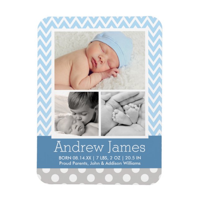 Moderner Zickzack Baby Boy Blue Gray Foto Birth Magnet (Vertikal)