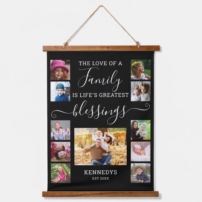 Modernes 11-Foto Collage Family Liebe Zitat Schwar Wandteppich Mit Holzrahmen (Vorderseite)