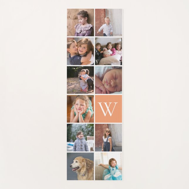 Modernes 11-Foto-Collage und Monogramm-Pfirsich Yogamatte (Vorderseite)