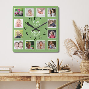 Modernes 12-Foto Collage Family Time Zitat Grün Quadratische Wanduhr