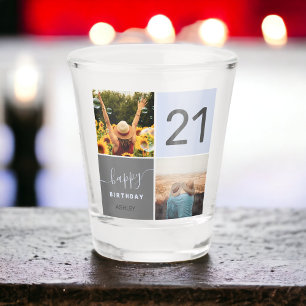 Modernes 21-Geburtstagsblau 2-Foto-Collage-Raster Schnapsglas
