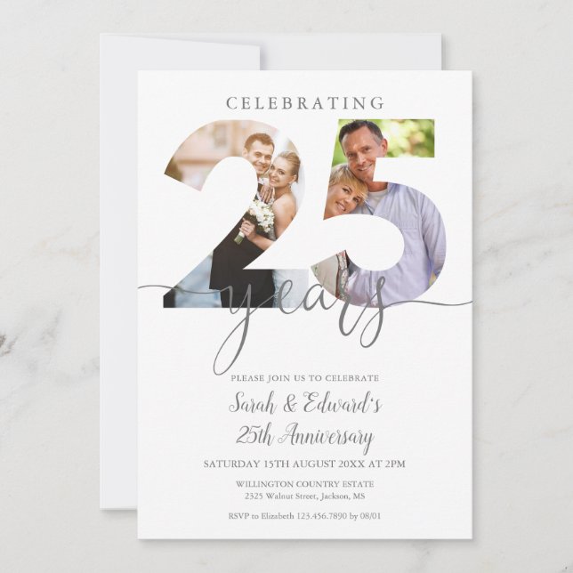 Modernes 25. Hochzeitstag 2 Foto Einladung (Vorderseite)