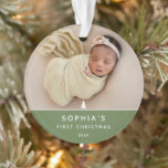 Modernes 2-Foto Baby's First Christmas Acrylic Ornament<br><div class="desc">Das erste Weihnachtsschmuck des Babys mit Ihrem Lieblings-Neugeborenen 2 Foto auf Avocado-Grün mit modernem Text und einem Weihnachtsbaumelement. Macht ein liebes Geschenk!!</div>