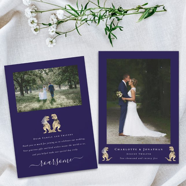 Modernes 2 Foto Dinosaur Thema Hochzeit Navy Blue Dankeskarte (Dinosaur theme wedding photo thank you navy blue flat card T-Rex dino bride and groom elegant script)