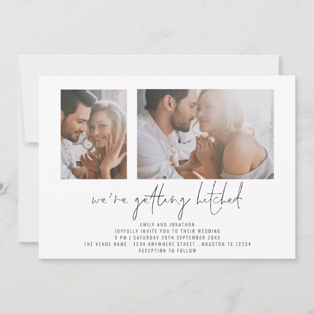 Modernes 2 Foto Hitched Wedding Einladung (Vorderseite)