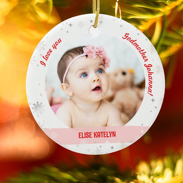 Modernes 2 Fotos Baby Girl 1. Weihnachtsmutter Keramik Ornament (Modern, Cute, Elegant I love you, Godmother! First Christmas Newborn Baby Girl. 2 Photos. Snowflakes)