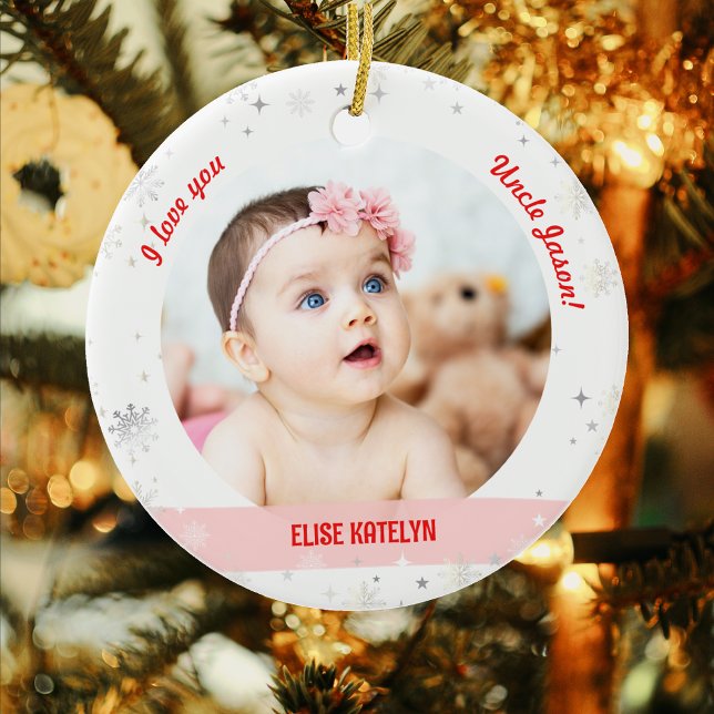 Modernes 2 Fotos Baby Girl First Christmas Onkel Keramik Ornament (Modern, Cute I love you, Uncle! First Christmas Newborn Baby Girl. 2 Personalized Photos. Snowflakes)