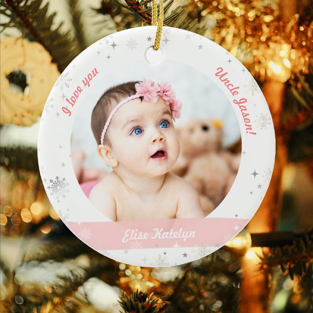 Modernes 2 Fotos Baby Girl First Christmas Onkel Keramik Ornament (Modern Elegant Cute My First Christmas Baby Girl I love you Uncle Name 2 Photos Snowflakes Stars)