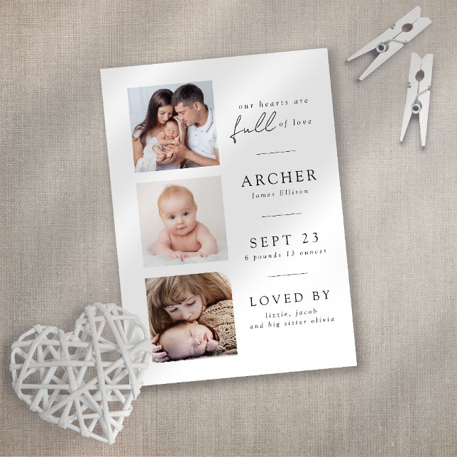 Modernes 3 Foto Baby Birth Ankündigung (Von Creator hochgeladen)