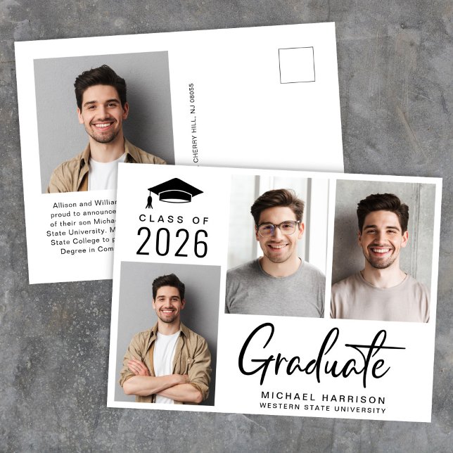 Modernes 3 Foto Bold Script Abschluss Ankündigungspostkarte (Modern 3 Photo Bold Script Graduation Announcement Postcard)
