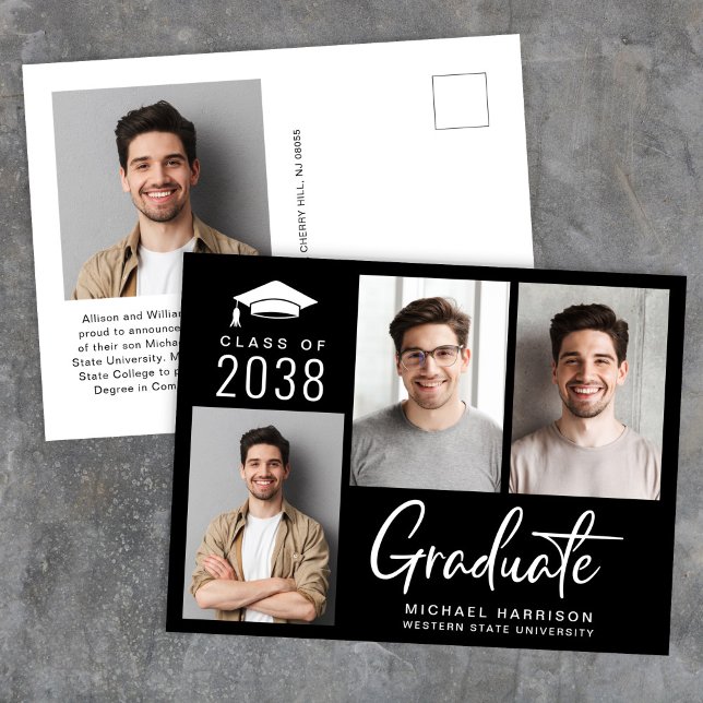 Modernes 3 Foto Bold Script Black Abschluss Ankündigungspostkarte (Cherish the milestone: share your graduate's achievement with a custom photo graduation announcement)