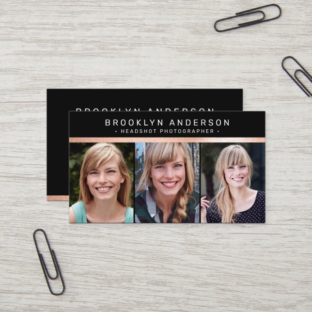 Modernes 3 Foto Fotograf Rose Gold Foil Visitenkarte (Vorderseite/Rückseite Beispiel)