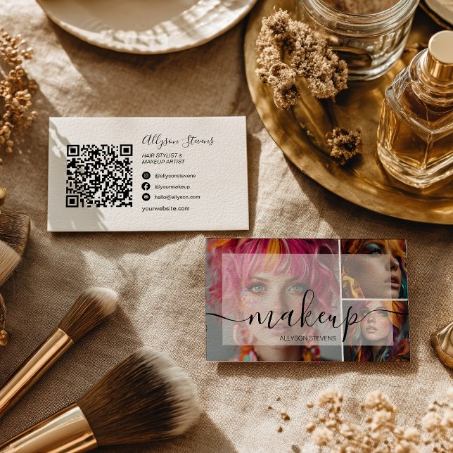 Modernes 3 Foto Makeup Artist QR Code Social Media Visitenkarte (Modern 3 Photo Makeup Artist QR code Social Media Business Card)