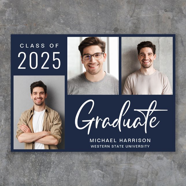Modernes 3 Foto Script Blue Abschluss Ankündigung (Cherish the milestone: share your graduate's achievement with a custom photo graduation announcement)