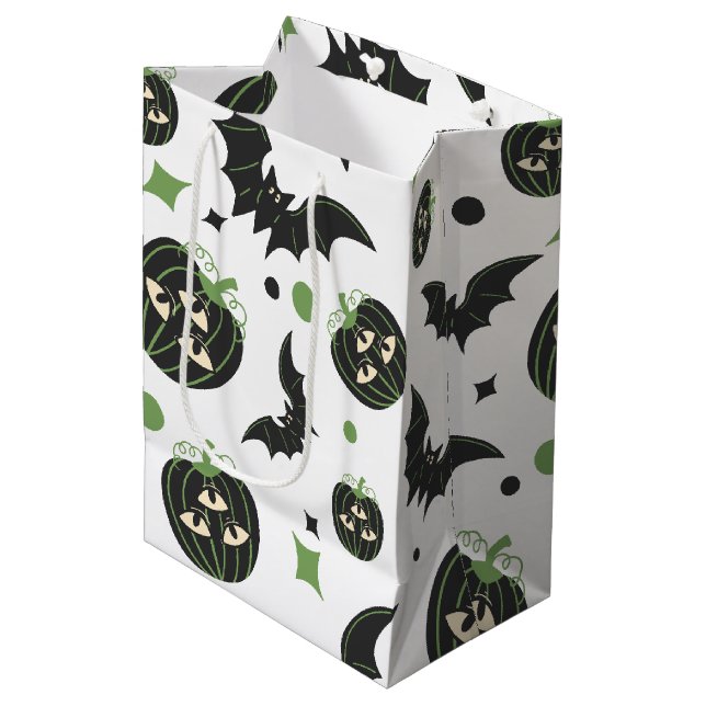 Modernes 3 Mit Augen Kürbis und Fledermäuse Hallow Mittlere Geschenktüte (Vorderseite Schrägansicht)