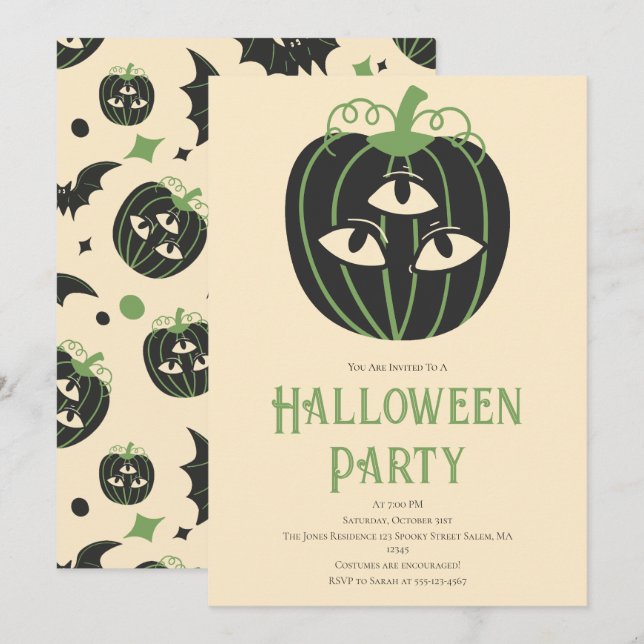 Modernes 3-Mit Augen Pumpkin-Halloween-Party Einladung (Vorne/Hinten)