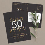 Modernes 40. Geburtstag einfach, stilvoll und eleg Einladungspostkarte<br><div class="desc">Moderne 50. Geburtstag einfach stilvolle elegante Gold-Drehbuch & geometrischen 50. Geburtstag einladen. Modernes geometrisches Backermuster. Teil einer Sammlung.</div>