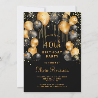 Modernes 40. Geburtstag Party Black Gold Einladung