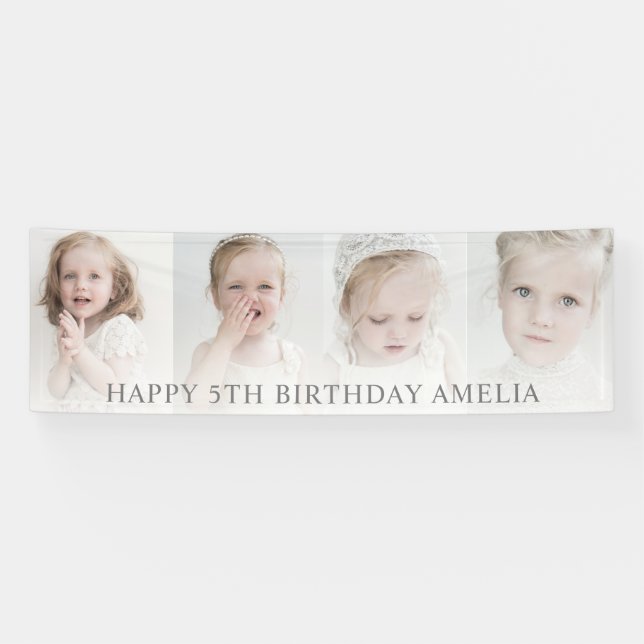 Modernes 4-Foto Collage | Happy Birthday Banner (Horizontal)