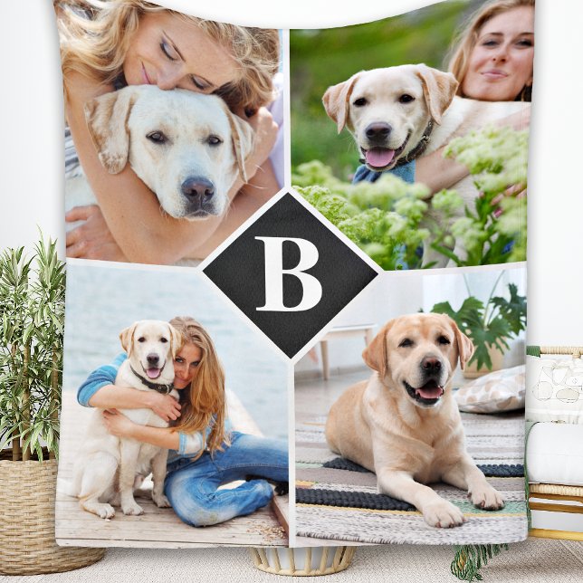 Modernes 4-Foto Collage Monogram Pet Hund Lover Fleecedecke (Von Creator hochgeladen)