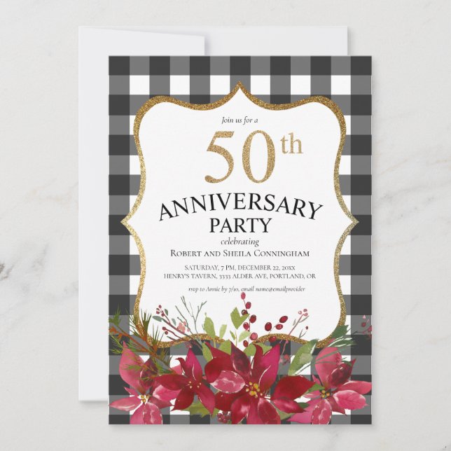 Modernes 50-jähriges Buffalo Kariert Red Floral Einladung (Vorderseite)