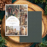 Modernes 5 Foto Collage Arch Frohe Weihnachts-Foto Feiertagskarte<br><div class="desc">Teilen Sie die Freude der Saison mit unserer Weihnachtskarte für das Foto. Mit einer atemberaubenden 5-Foto-Collage mit einem eleganten Bogenüberlagerungsstück auf dem oben links Foto, geschmückt mit den Worten "Frohe Weihnachten" in Imitaten Goldfolien-Schrift-Kalligrafie. Personalisieren Sie es mit Ihrem Familiennamen und Jahr in minimalistischer Typografie. Dreh es um einen tiefen grünen...</div>